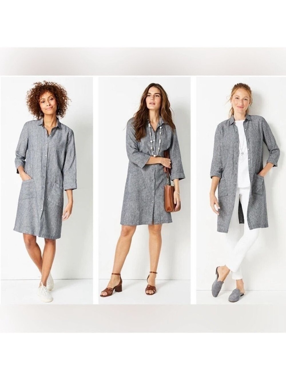 EUC J. Jill Love Linen Women’s Shirtdress in Gray White Stripe size L